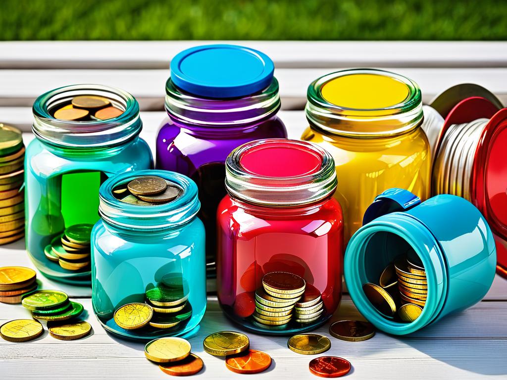 Разноцветные стеклянные банки с монетами, символизирующие разные цели накопления - на отпуск,