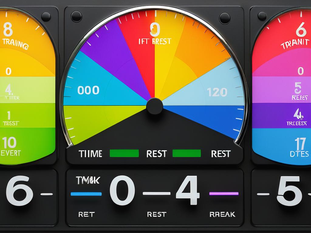Таймер для интервальных тренировок, показывающий разные цветные сегменты, обозначающие работу и