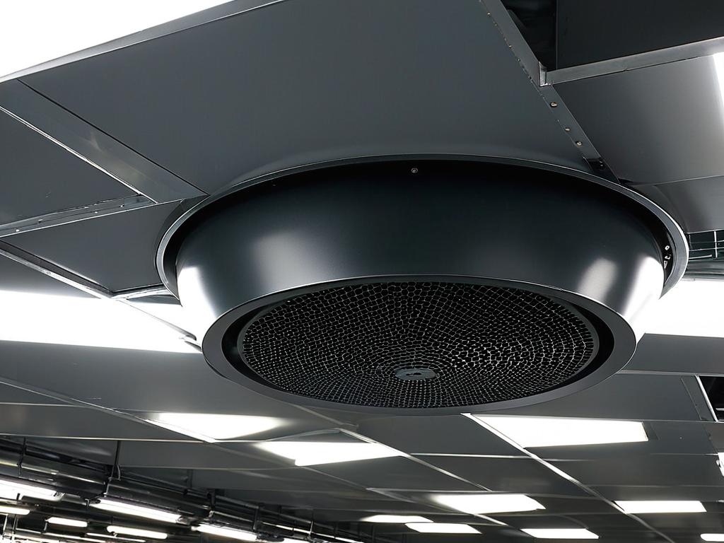Фото круглого стального приточного диффузора DVS-P, установленного в потолке промышленного помещения