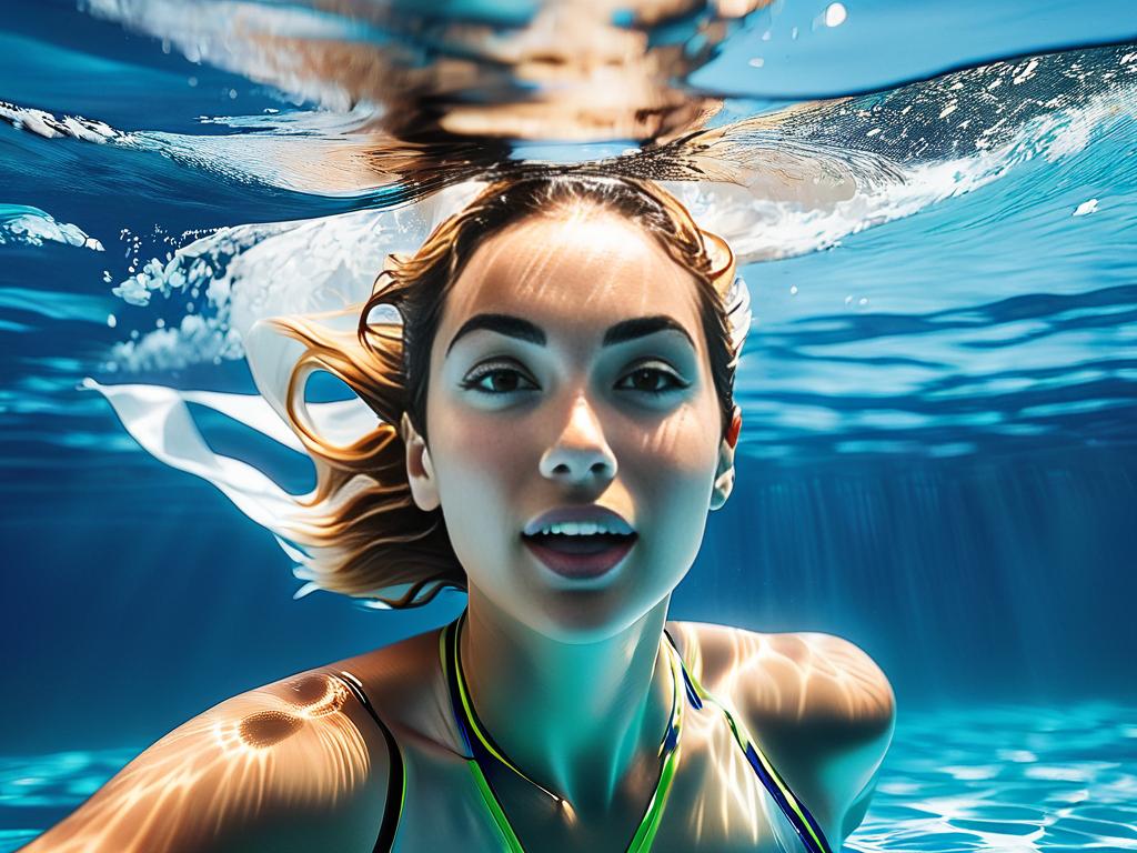 Спортивная женщина уверенно плывет в освежающей голубой воде