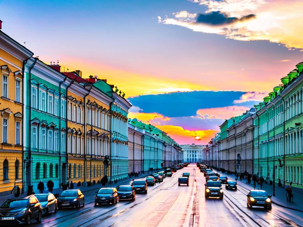 Вид на исторические здания в центре Санкт-Петербурга на закате