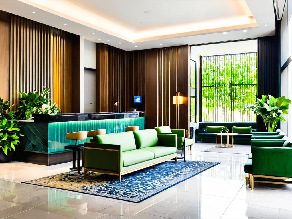 Интерьер нового современного холла отеля с ресепшеном, диванами и зелеными растениями