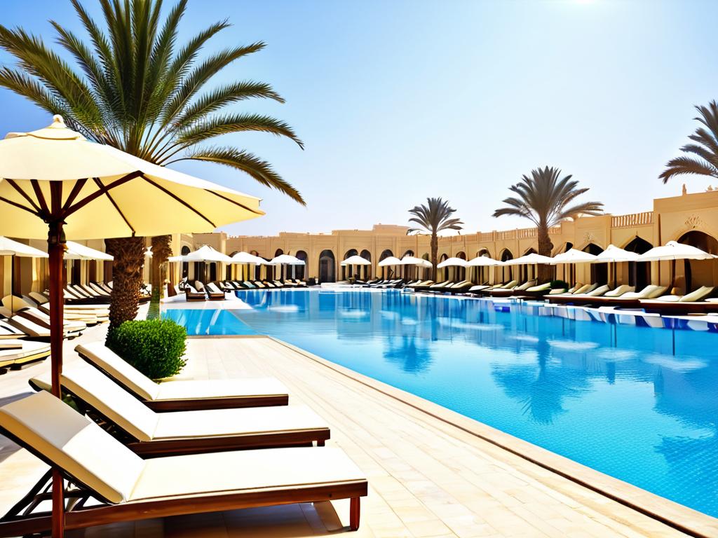 Бассейны и шезлонги на территории нового пляжного курорта с пальмами в Египте