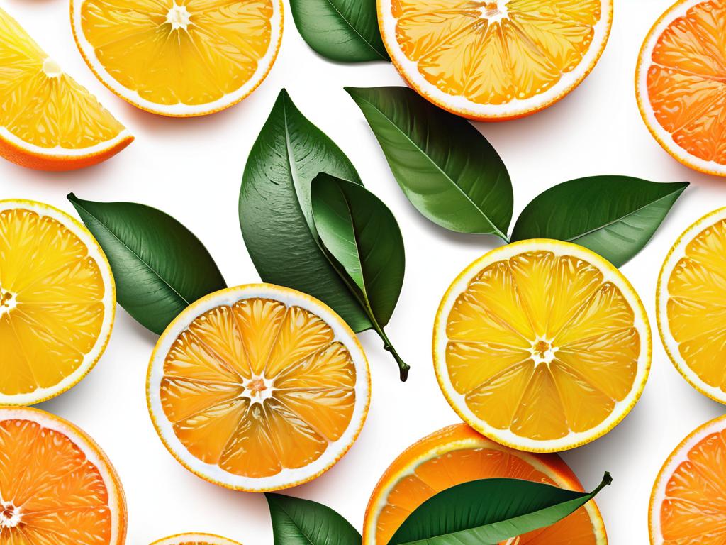 Дольки апельсина с листьями на белом фоне