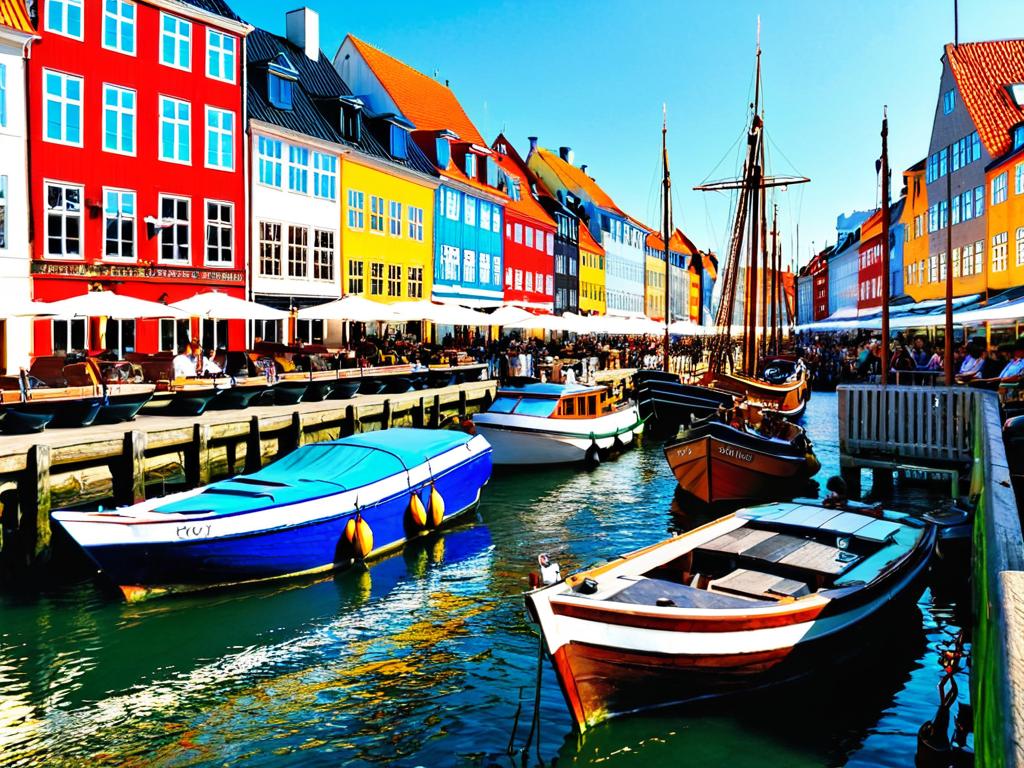 Лодки в старинной гавани Нюхавн в Копенгагене, столице Дании