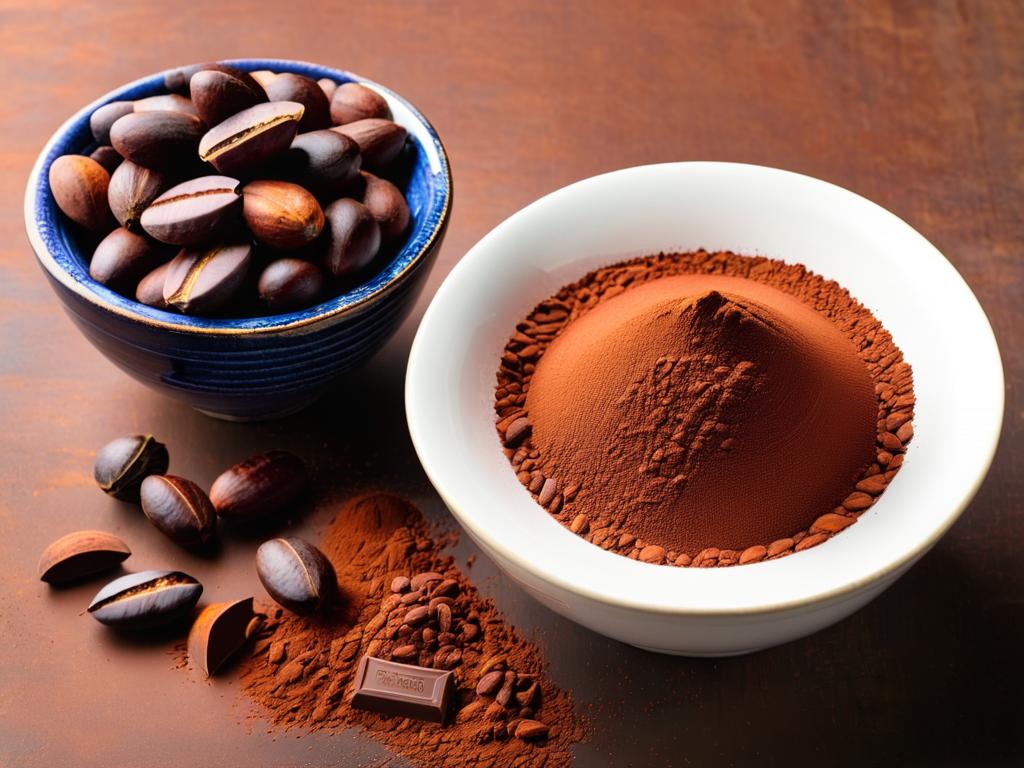 Чашка с какао-бобами, порошком и шоколадом