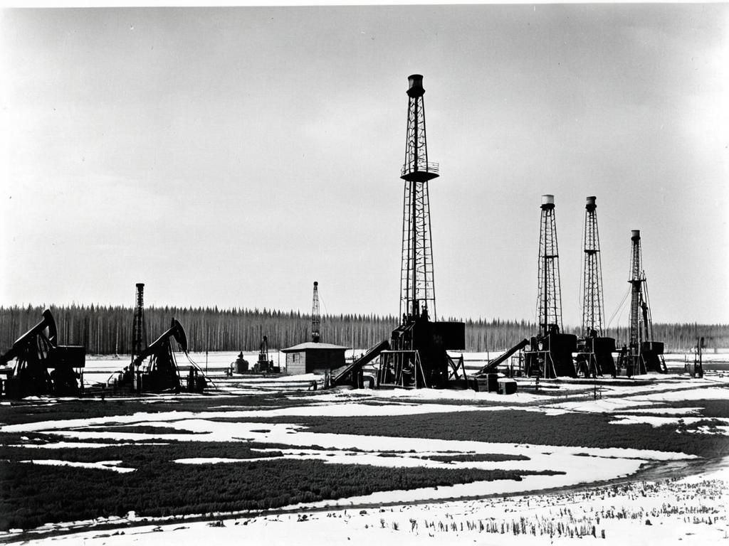 Черно-белая фотография 1940-х годов с нефтяными скважинами в Башкирии, где позже будет основан