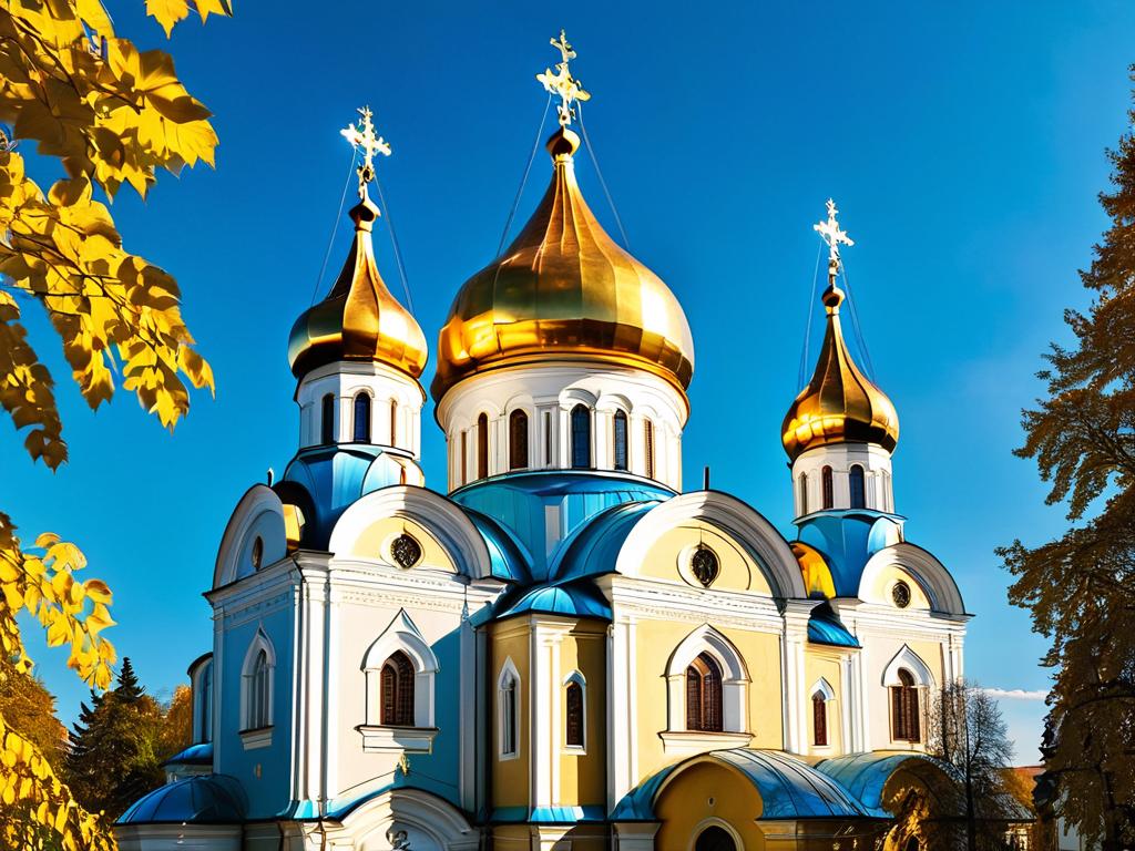 Большая православная церковь с золотыми куполами на фоне голубого неба в городе Октябрьский в
