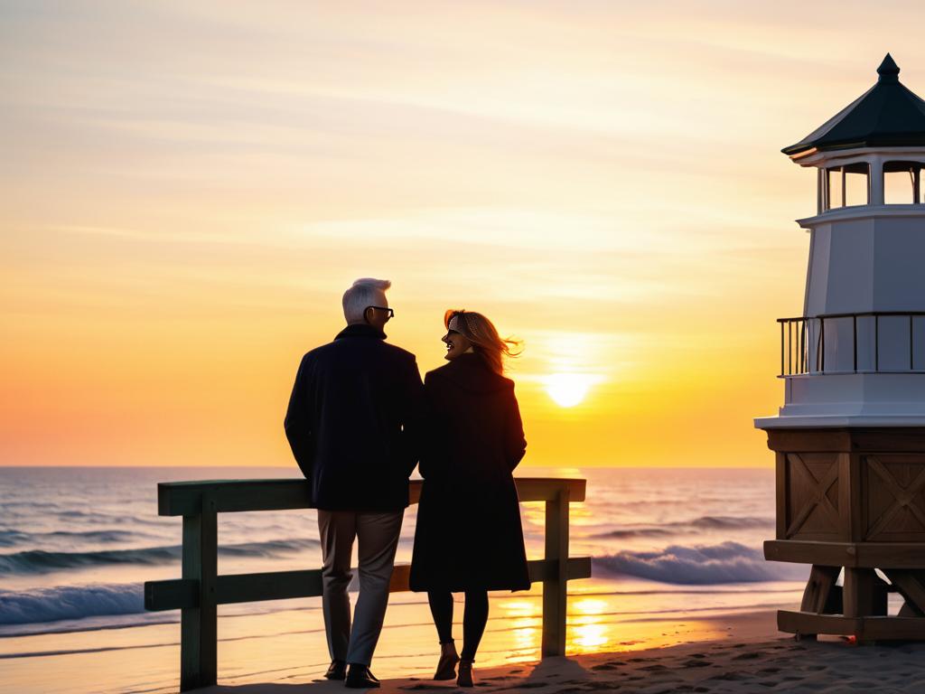 Счастливая пара любуется восходом солнца на морском побережье, символизируя благоприятные перемены