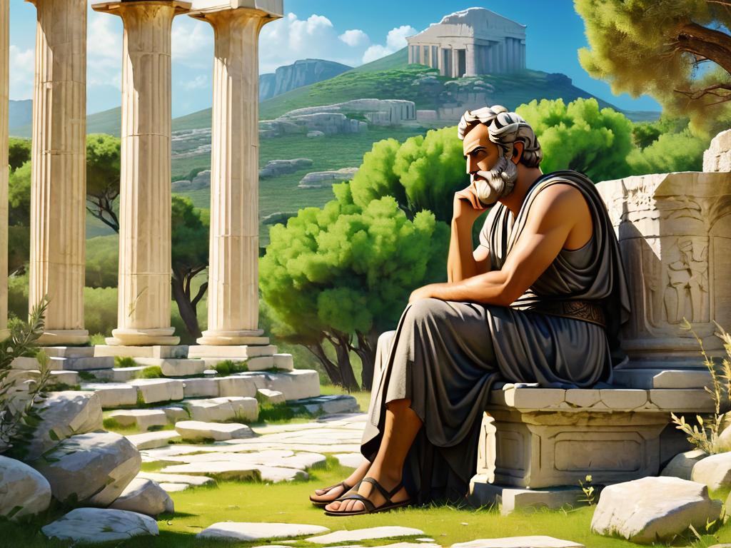 Древнегреческий философ сидит и размышляет, окруженный колоннами и природой