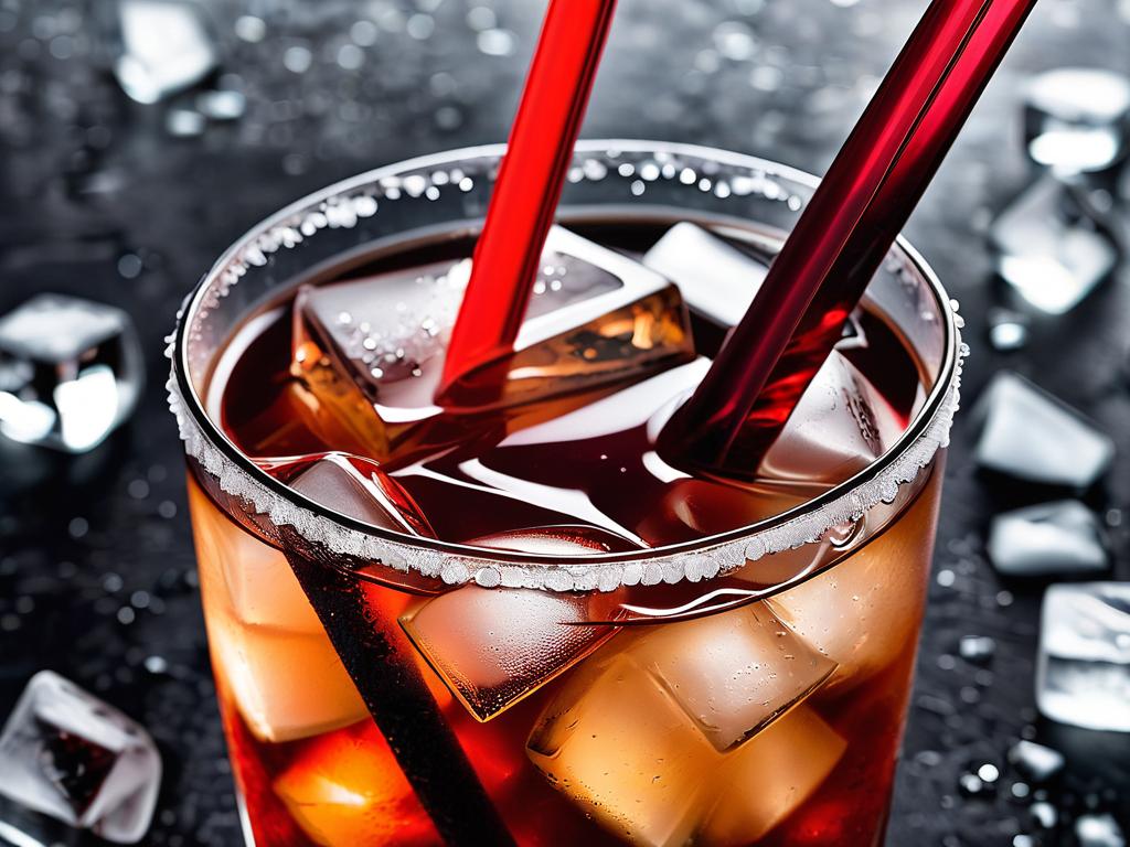 Крупный план стакана коктейля с водкой, колой и льдом, с красной трубочкой