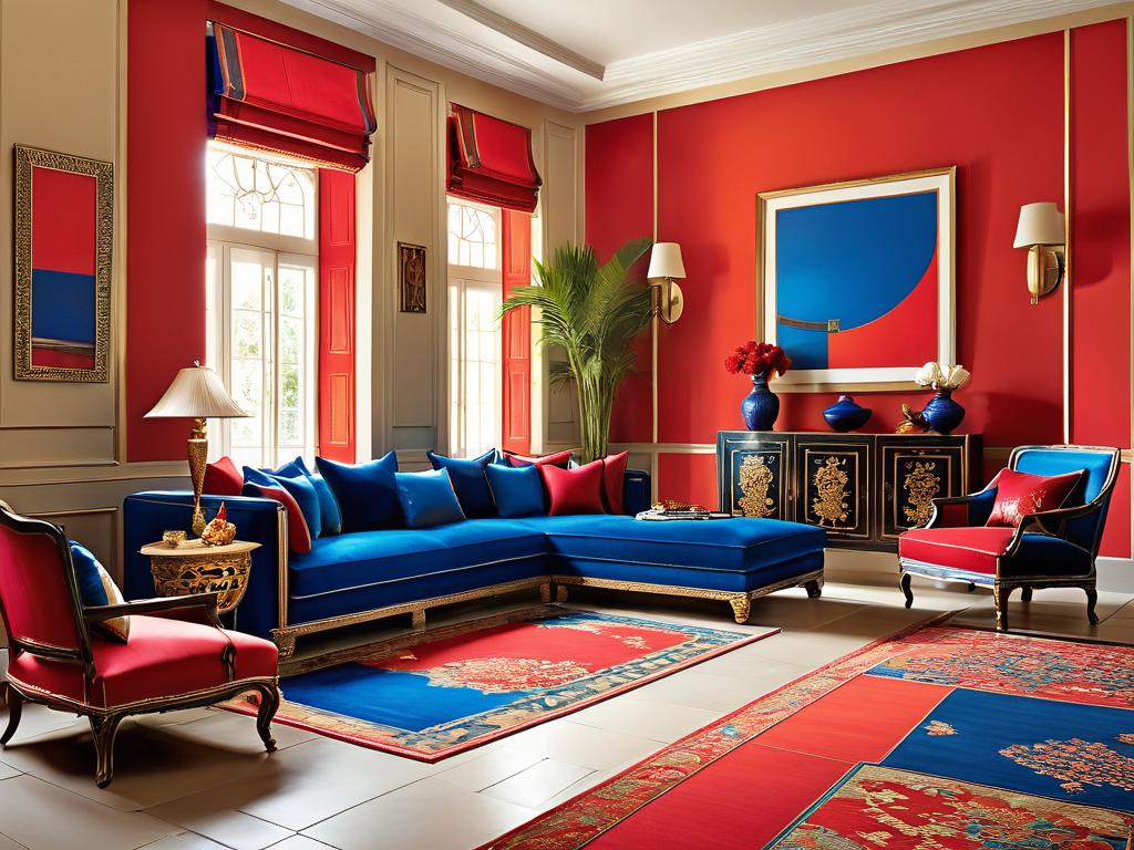 Комната с насыщенными цветами, такими как красный, синий и золотой в сочетании с нейтральными