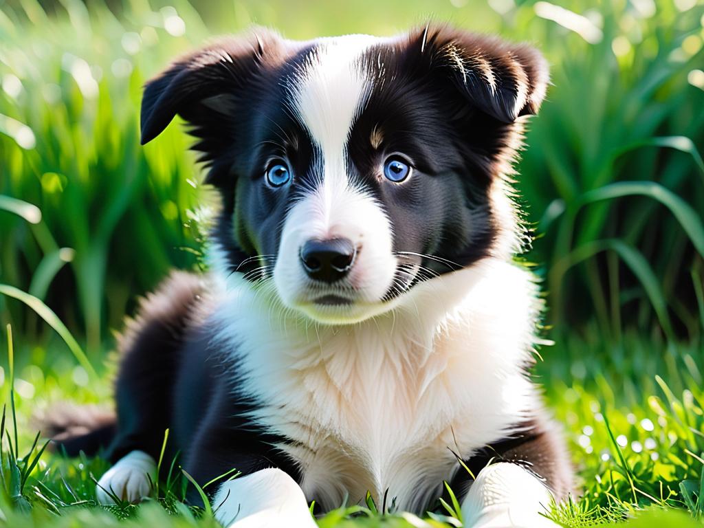 Черно-белый щенок бордер-колли сидит на траве. Более 5 слов описания на русском.