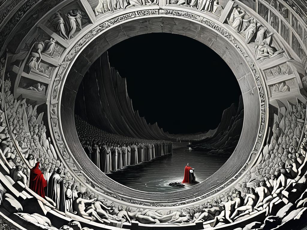 На иллюстрации Данте и Вергилий наблюдают грешников, погруженных в грязь восьмого круга Ада