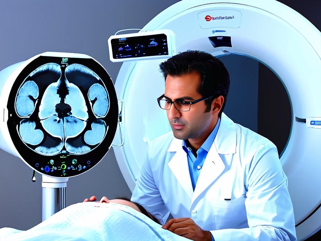 Врач проводит компьютерную томографию пациенту с болью в висках