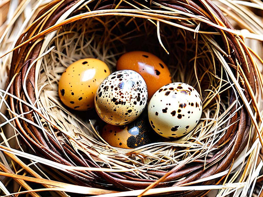 Три коричневых в крапинку перепелиных яйца в плетеном гнездышке