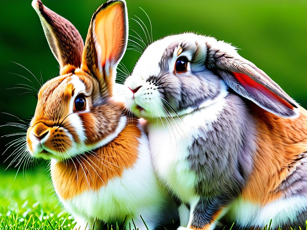 Фото спаривания кроликов двух разных пород, иллюстрирующее скрещивание. Описание на русском.