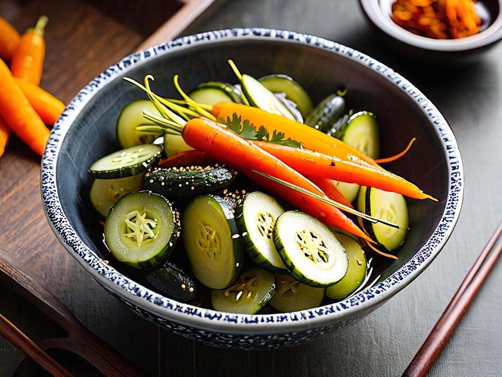 Крупным планом мисочка с острыми огурцами по-корейски с морковью на зиму без стерилизации.