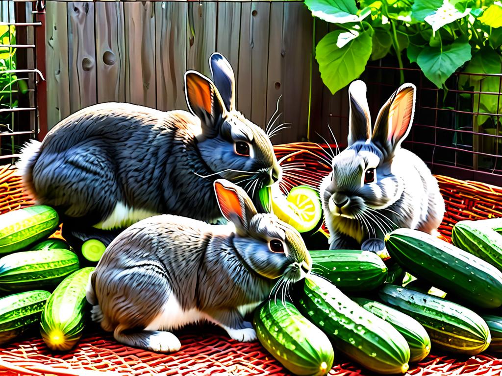 Кролики поедают ломтики огурцов в своем вольере