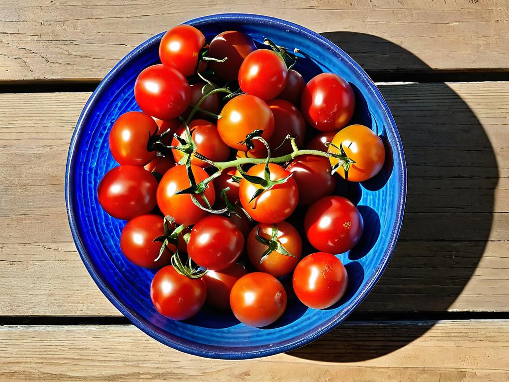 Красно-коричневые грушевидные плоды томатов черри сорта Синие ключи в миске