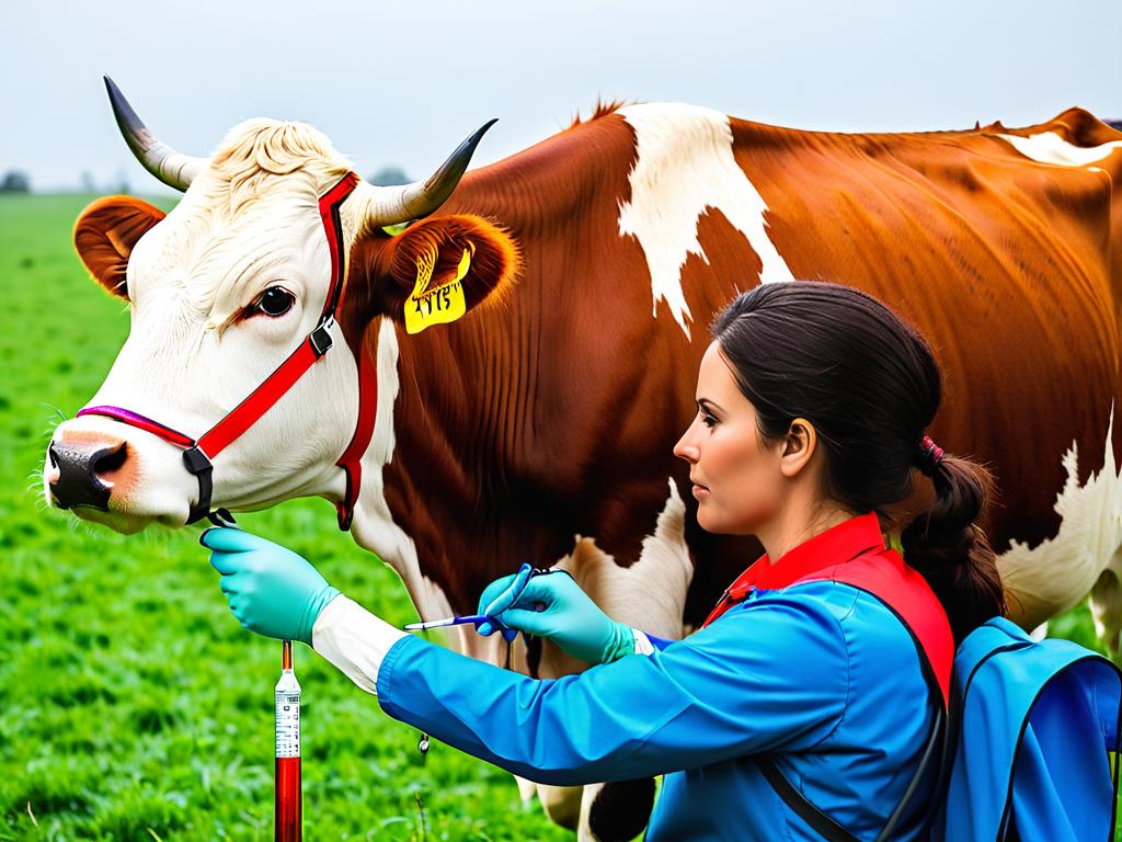 Ветеринар измеряет температуру коровы с помощью градусника. Правильная техника важна для точных