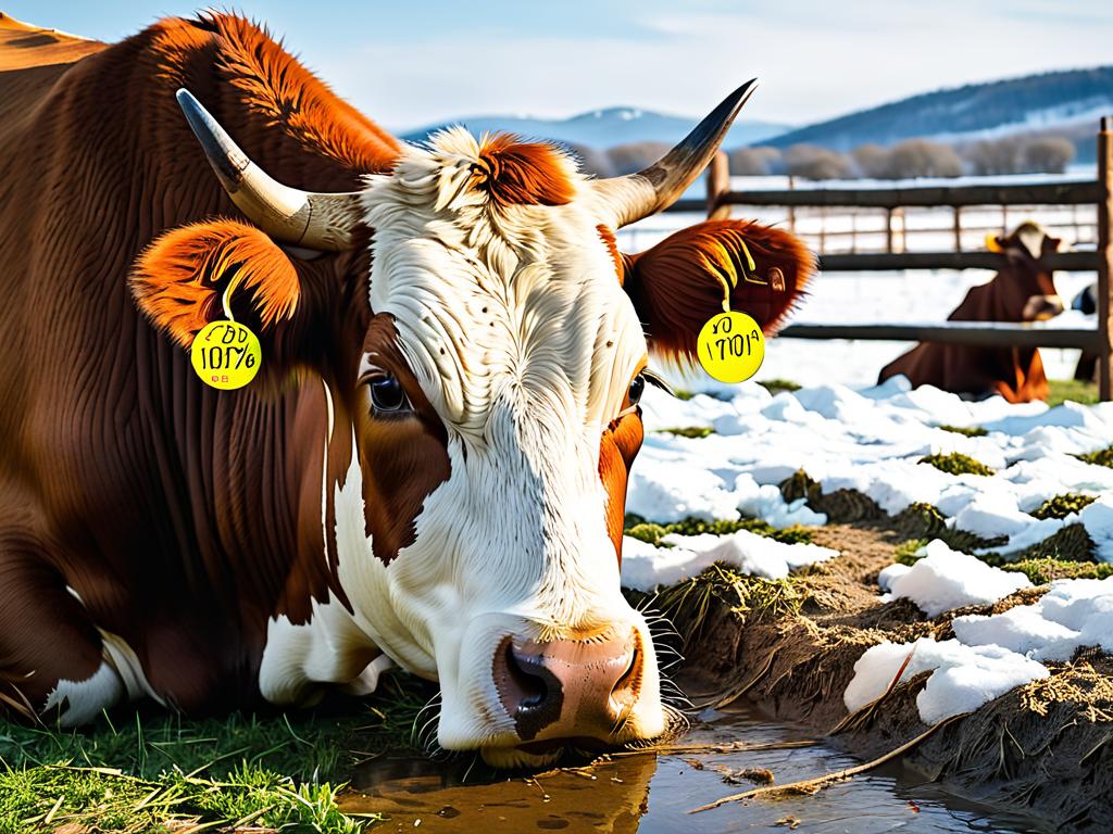 Больная корова лежит и не ест. Повышенная температура может сигнализировать о болезни.