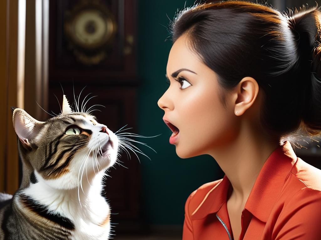 Человек внимательно прислушивается к мяуканью кота, стараясь понять смысл вокализаций.