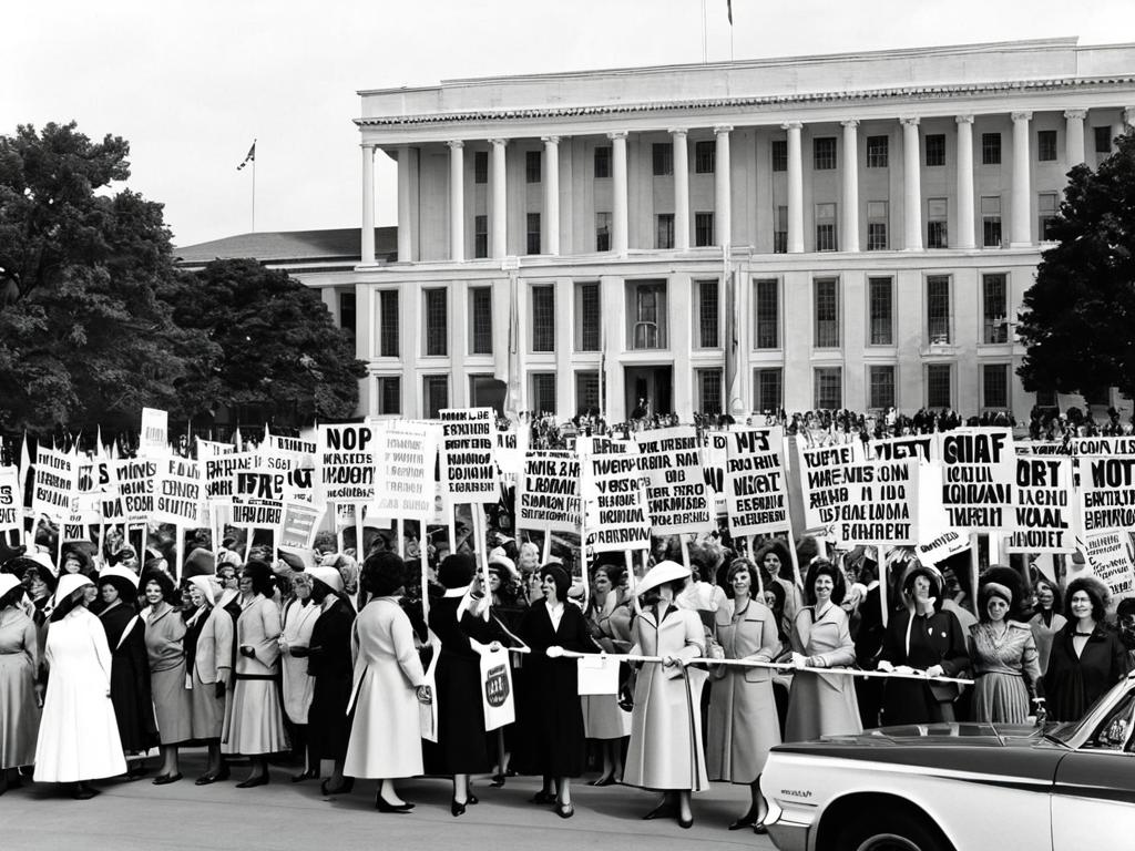 Фотография американских женщин 1960-х, протестующих за равные трудовые права у правительственного