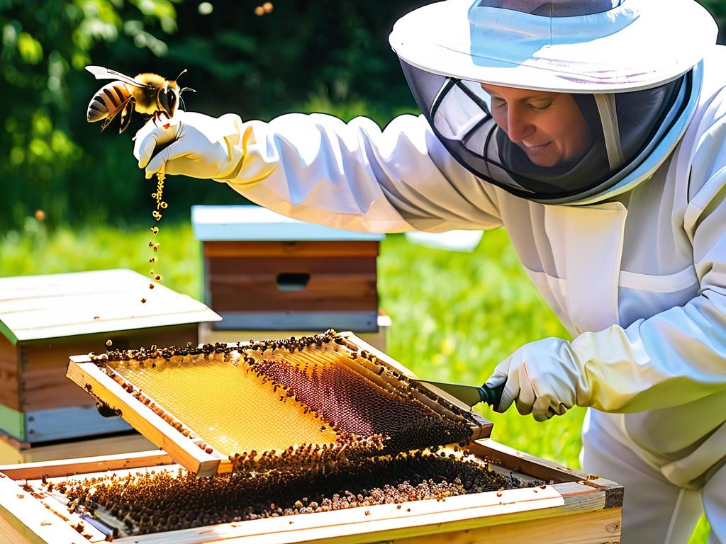 Пасечник опрыскивает улей раствором для борьбы с варроатозом во время вылета пчел