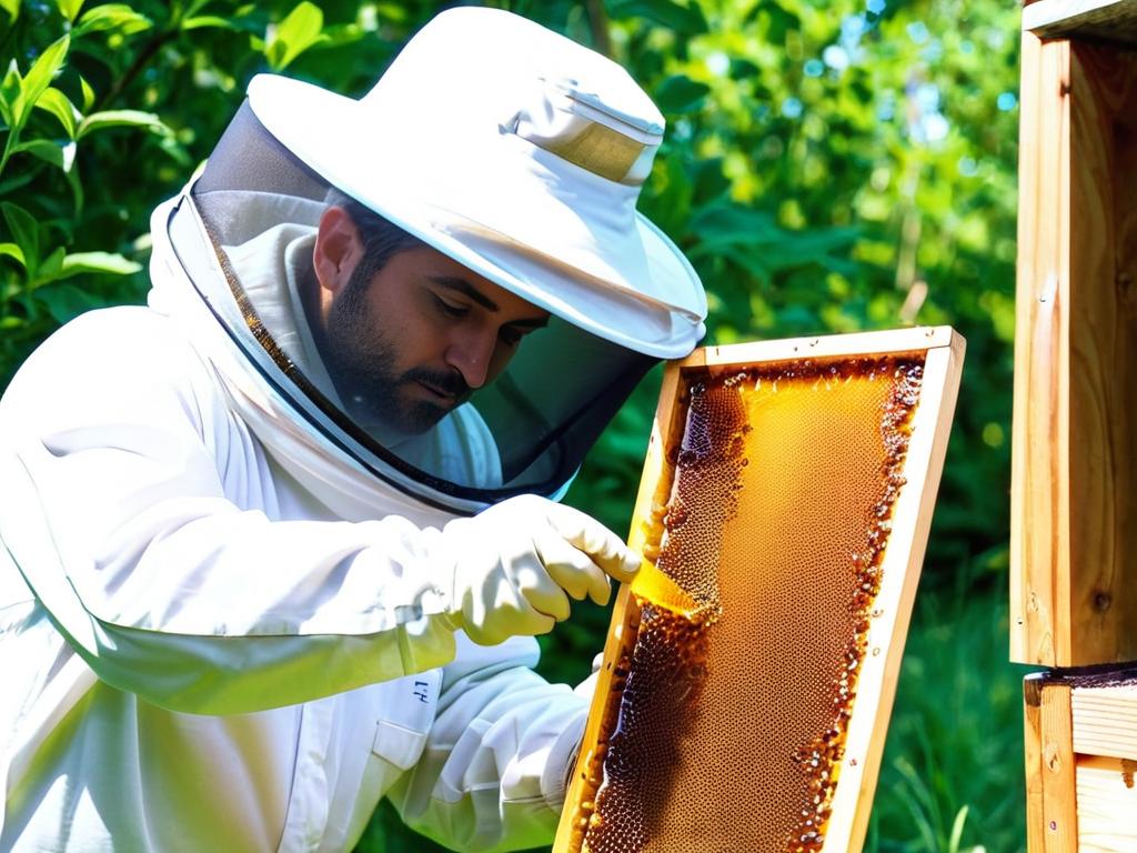 Пчеловод проверяет рамку с распущенным медом
