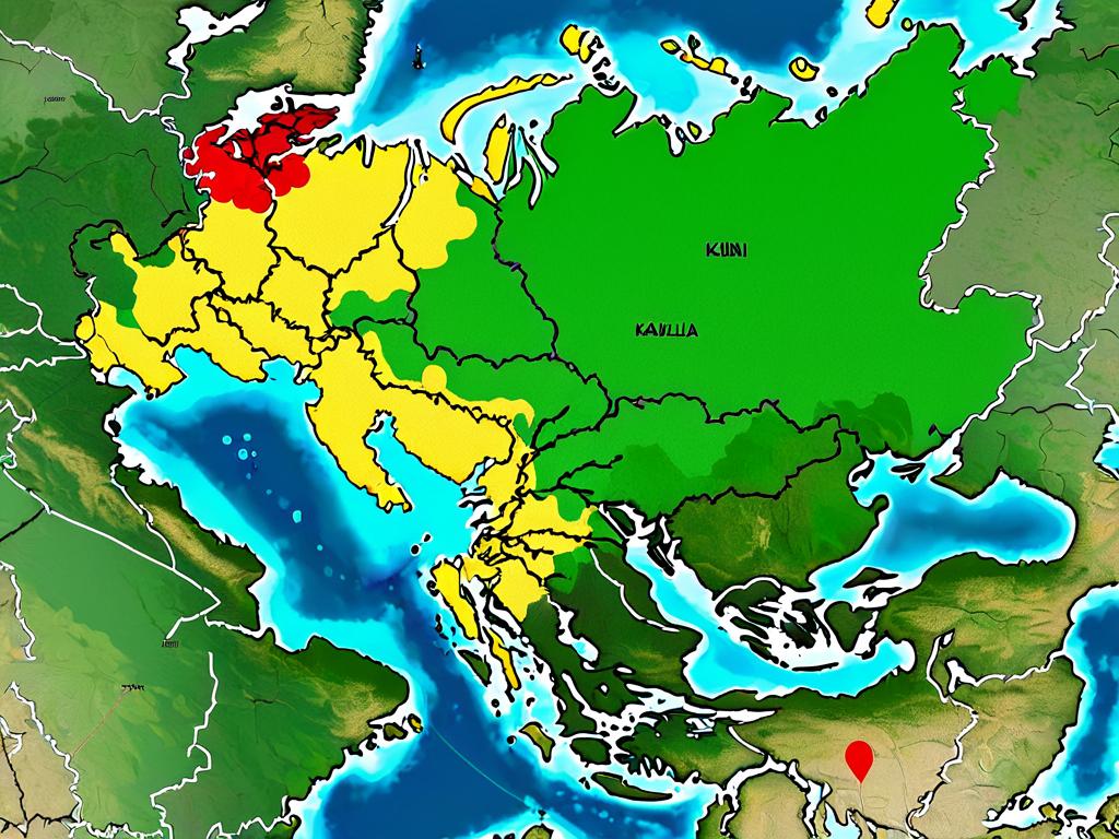 Карта России с обозначением регионов, где растет дикая клюква - Карелия, Камчатка, Сахалин, Сибирь.