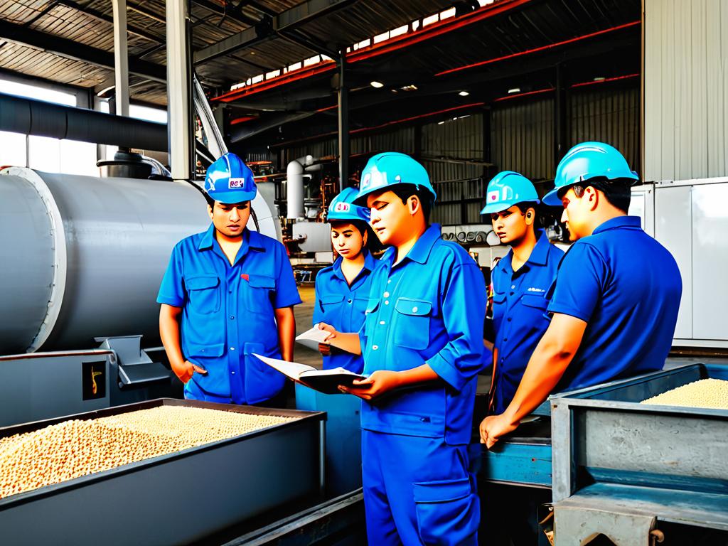 Рабочие контролируют оборудование на заводе по производству пеллет