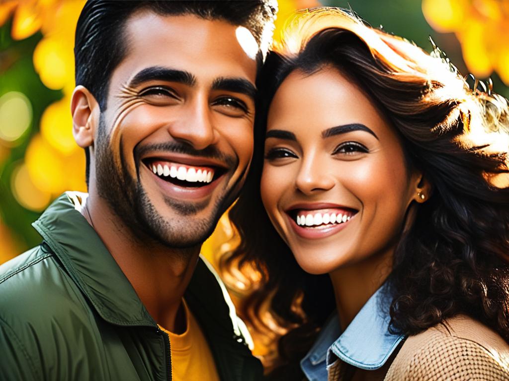 Женщина и мужчина смотрят друг на друга и улыбаются здоровыми зубами