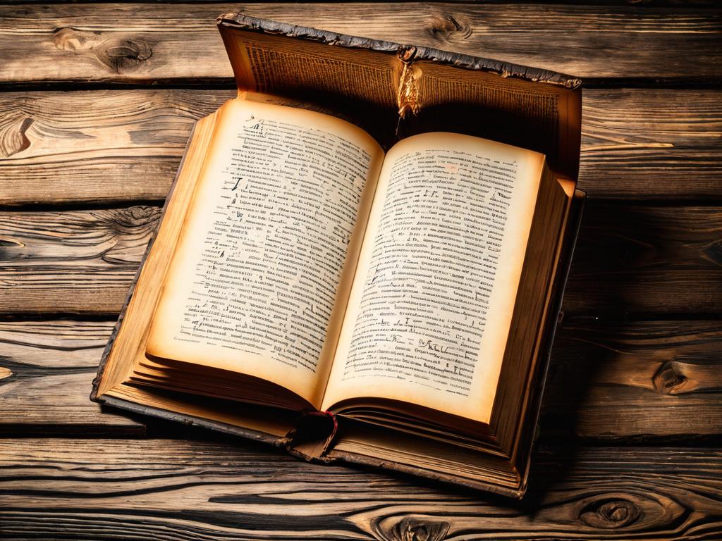 Старинная открытая книга на деревянном фоне. Концепция истории, предков и знаний