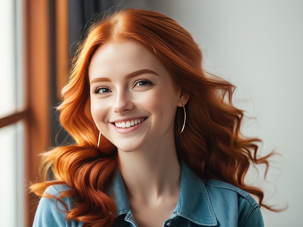 Портрет очаровательной улыбающейся рыжеволосой девочки смотрит в камеру. Концепция позитива,