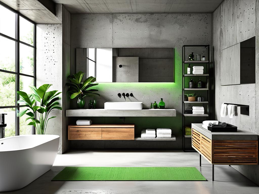 Минималистичный дизайн ванной комнаты с бетонными стенами, простой мебелью и зелеными акцентами.