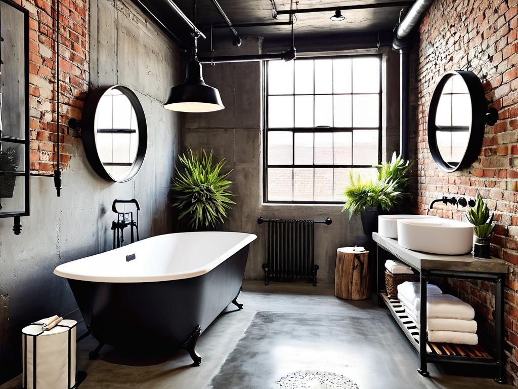 Ванная комната в стиле лофт с открытой кирпичной кладкой, металлическими приборами и бетонным полом.