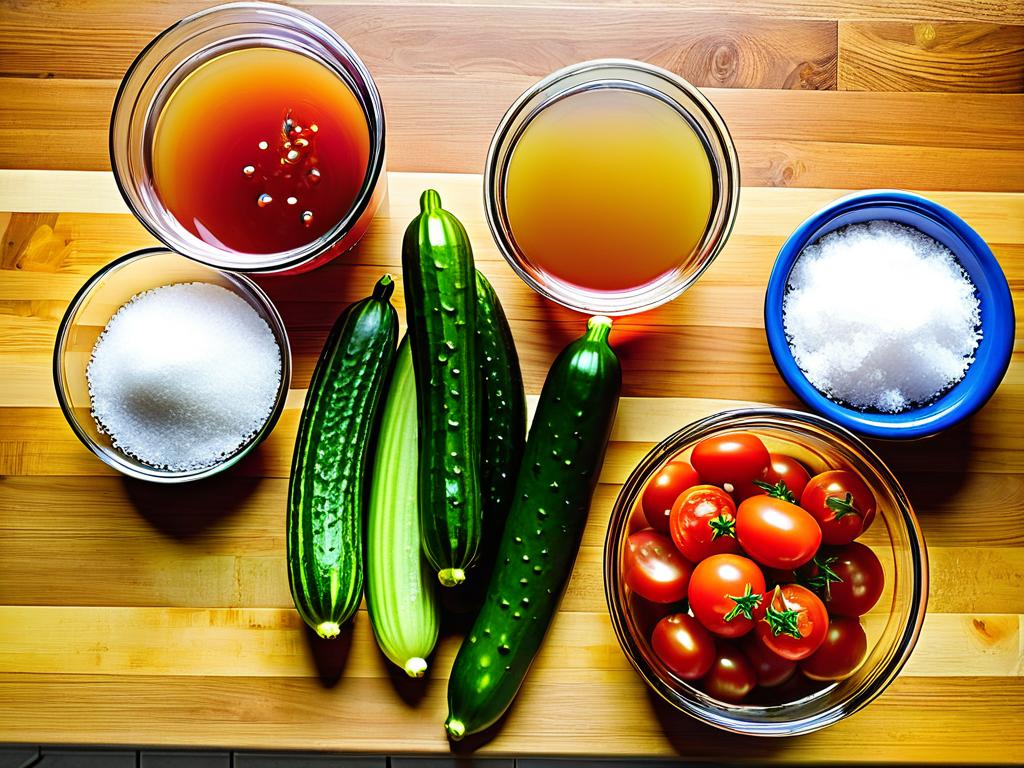 Ингредиенты для приготовления огурцов в томатном соке - огурцы, специи, уксус, томатный сок, сахар,