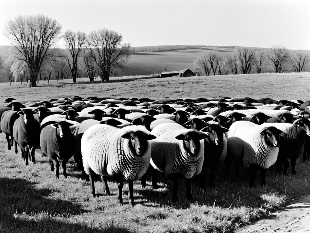 Черно-белая фотография ставропольских овец на ферме