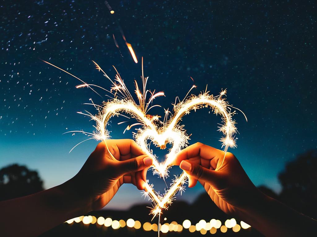 Две руки, создающие форму сердца горящими спарклерами, на фоне ночного неба