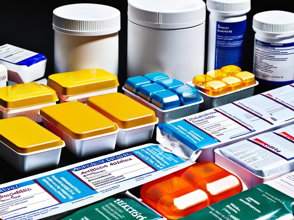 Разнообразные упаковки с антибиотиками на столе. Фото показывает различные коробки и упаковки с