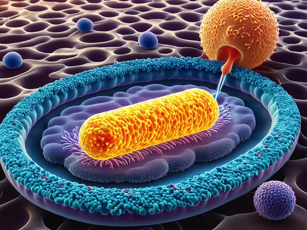 Иллюстрация эндосимбиотической теории: эукариотическая клетка поглощает аэробную бактерию, которая