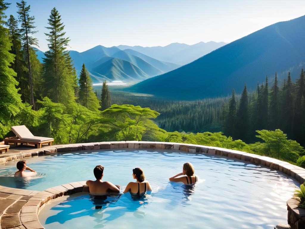 Отдыхающие в открытом бассейне с термальной водой на фоне гор