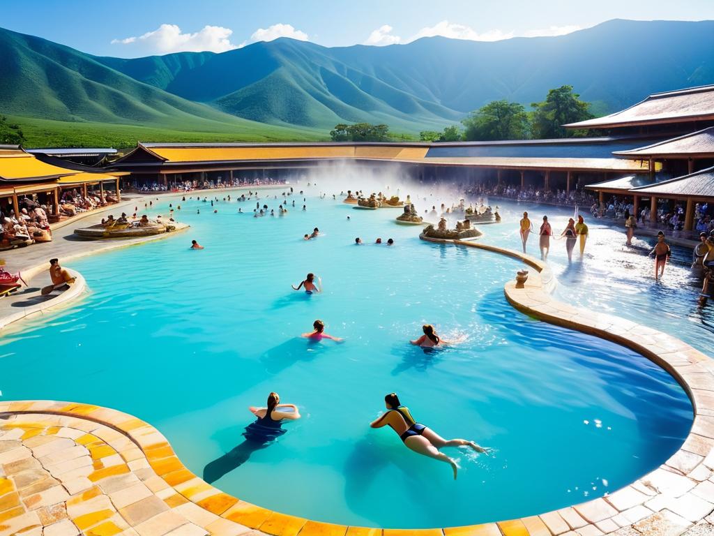 Туристы плавают и отдыхают в большом комплексе бассейнов с термальной водой