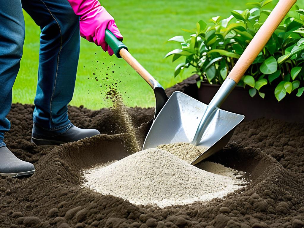 Человек рассыпает известковую пудру на почву сада лопатой. Важно правильно выбрать сроки