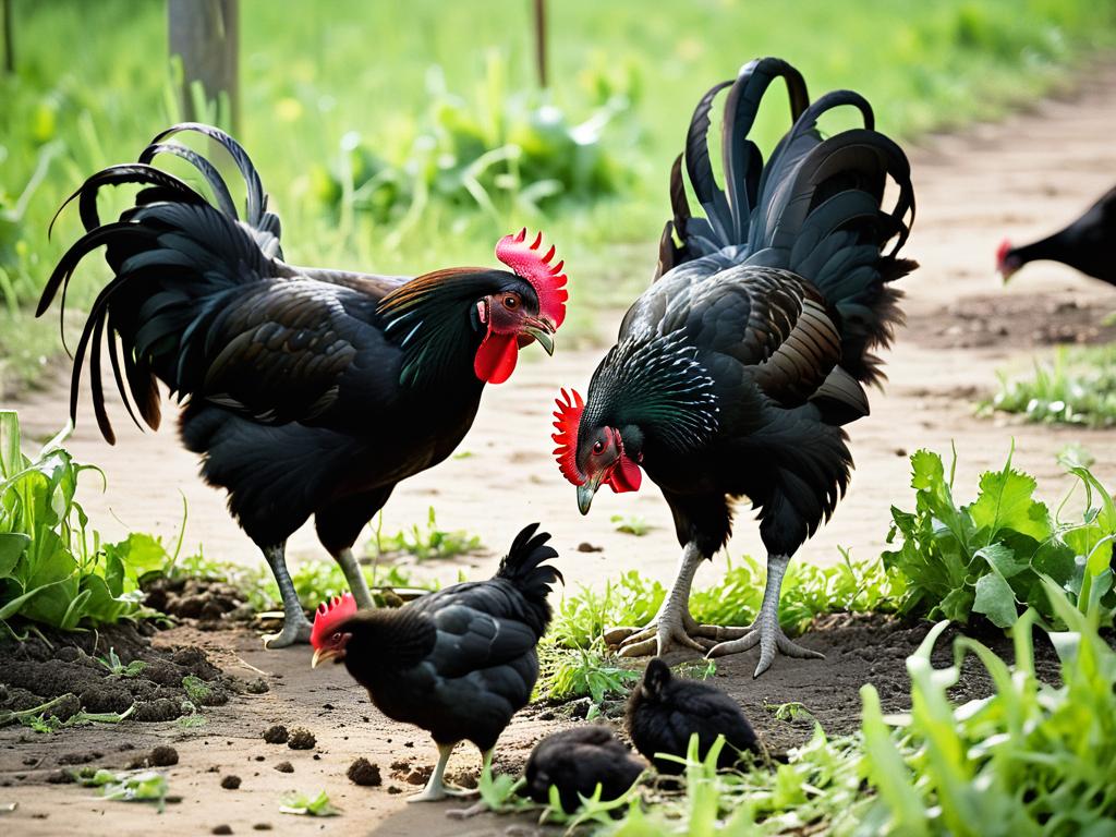 Две черные курицы клюют корм на земле на фоне сельской местности