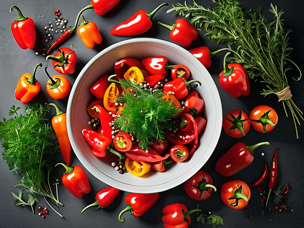 Миска со свежими и маринованными красными острыми перцами Огонек, специями, помидорами и зеленью.
