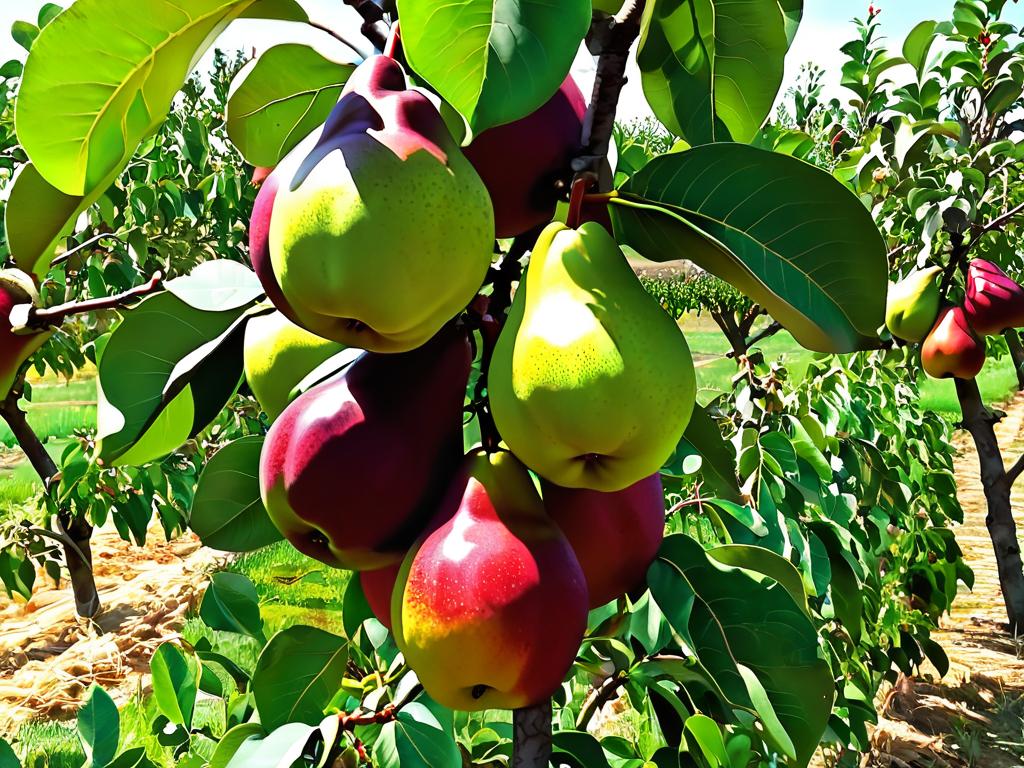 Урожай красных и зеленых груш в саду
