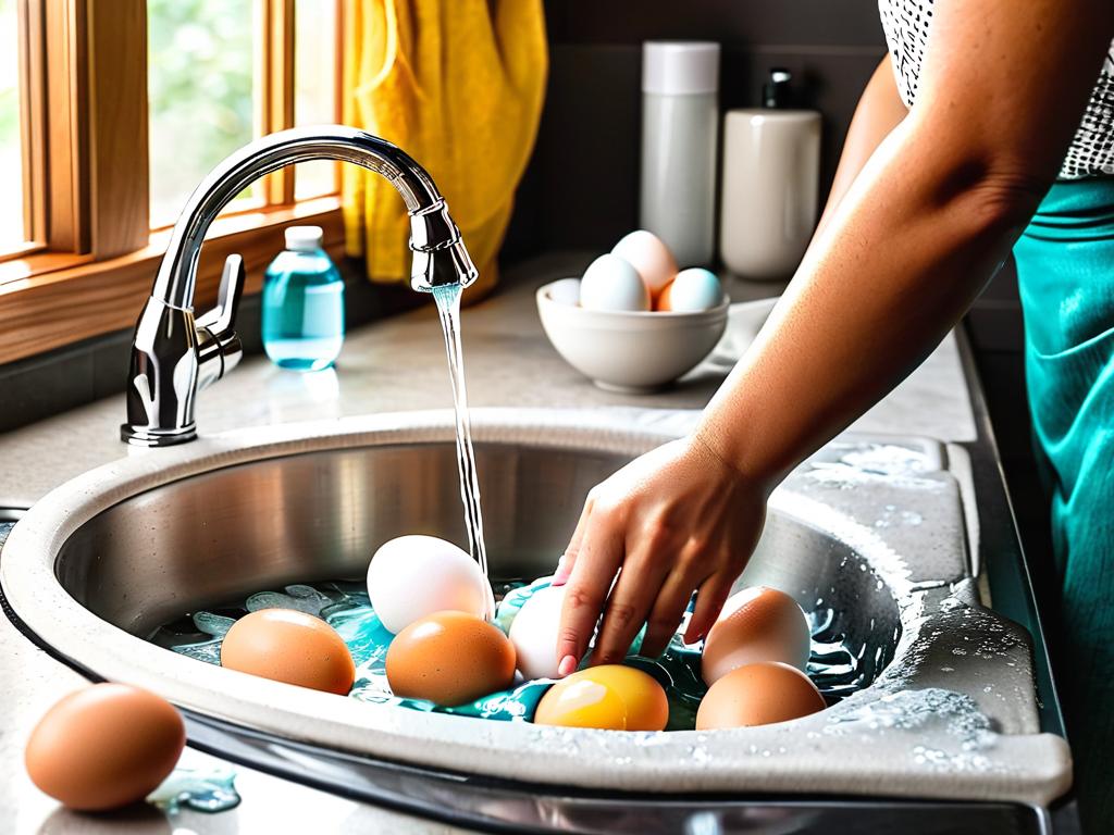 Женщина моет яйца в раковине с моющим средством и водой перед тем, как готовить с их использованием.