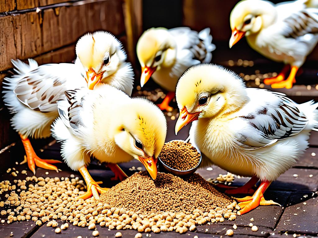 Цыплята поедают корм с мясокостной мукой
